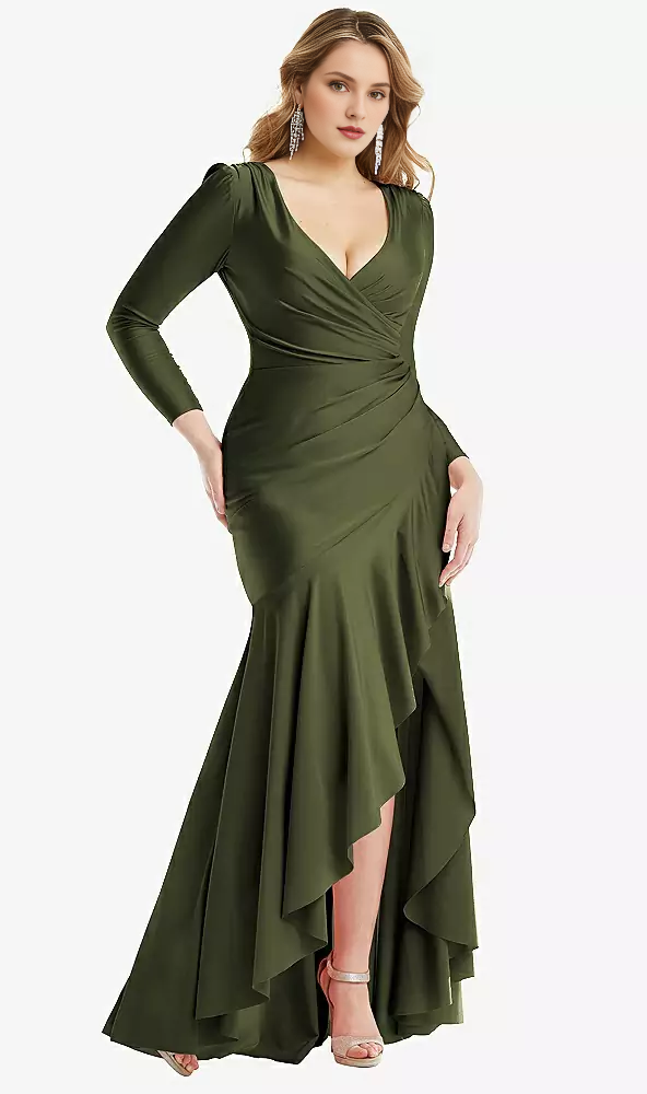 Long sleeved pleated wrap with ruffled edges high and low  satin Prom dress